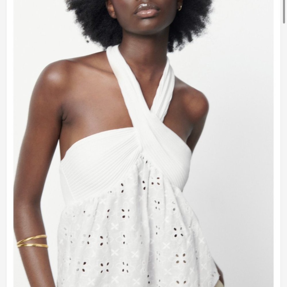 NWT Zara Combination Embroidered Eyelet White Top US L